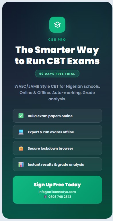 CBE PRO is a smart offline testing software made for schools' internal examination. At the same time preparing your student to  master WAEC/JAMB testing platform