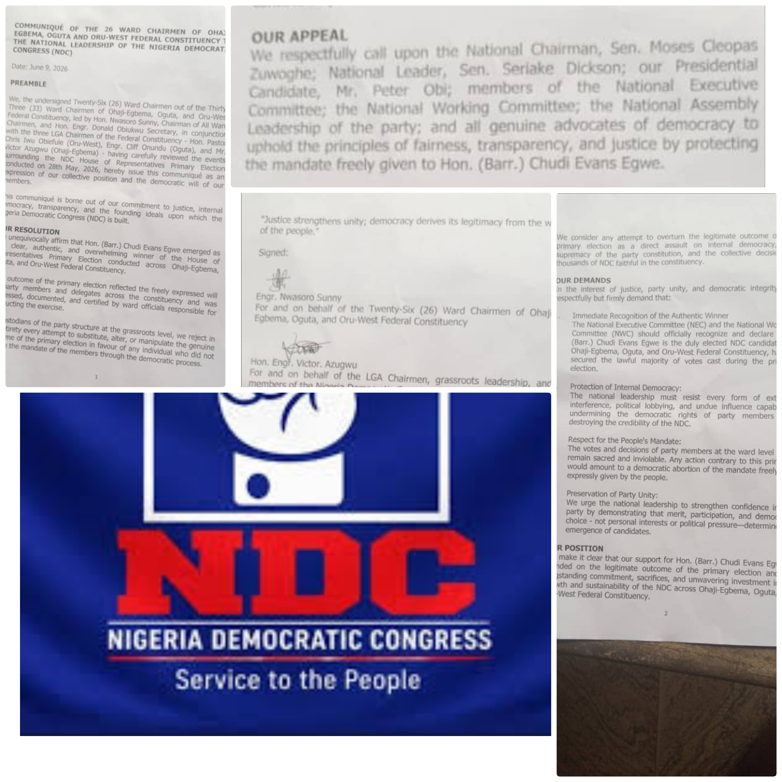 COMMUNIQUÉ OF THE 26 WARD CHAIRMEN OF OHAJI-EGBEMA, OGUTA AND ORU-WEST FEDERAL CONSTITUENCY TO THE NATIONAL LEADERSHIP OF THE NIGERIA DEMOCRATIC CONGRESS (NDC)  ‎Date: June 9, 2026