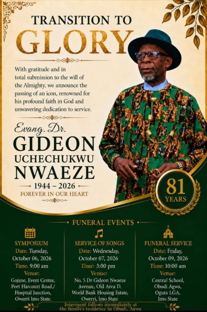‎Late Evangelist Dr. Gideon Nwaeze to Be Buried October 9 in Obudi Agwa  ‎