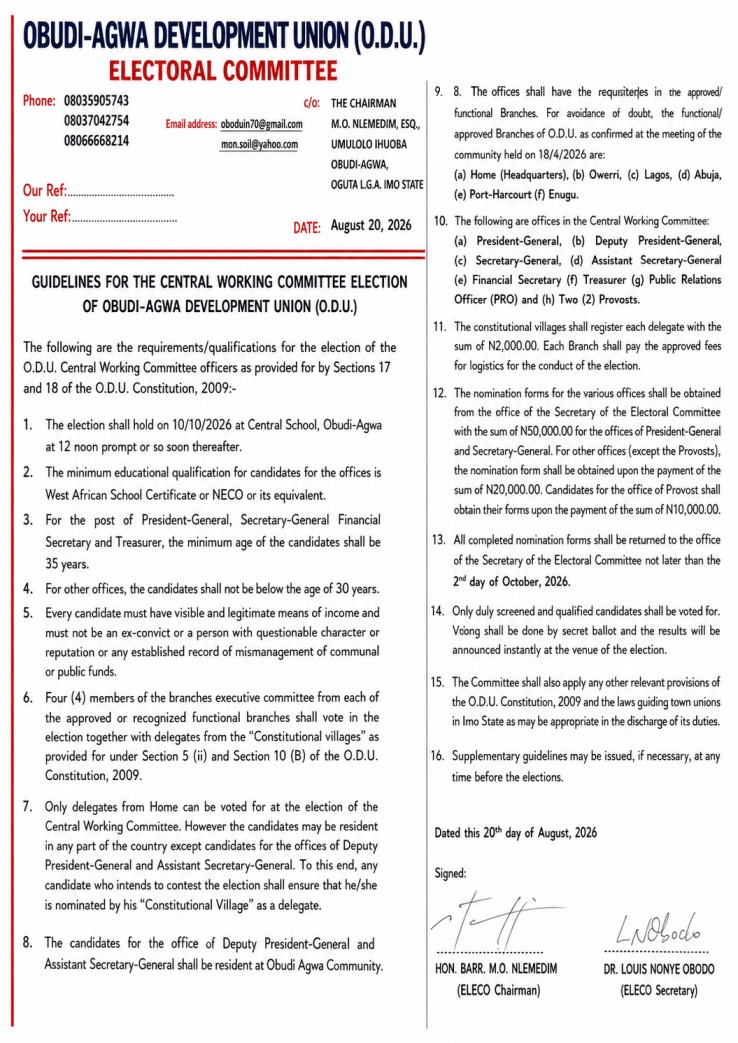 Nlemedim, Obodo Lead ODU Electoral Committee as Obudi-Agwa Sets October 10 for Leadership Poll